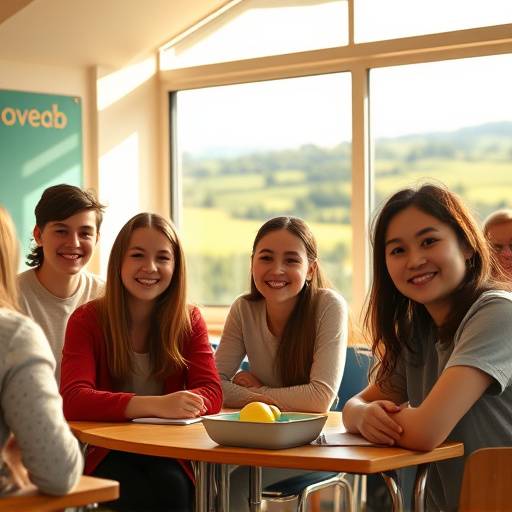 Affiche de la série 'L'École Buissonnière', montrant des élèves souriants dans une salle de classe rénovée avec une vue imprenable sur la campagne environnante.