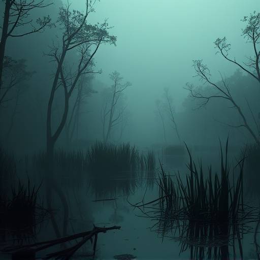 Affiche de la série 'Le Chant des Marais', montrant un paysage de marais brumeux avec une silhouette mystérieuse.