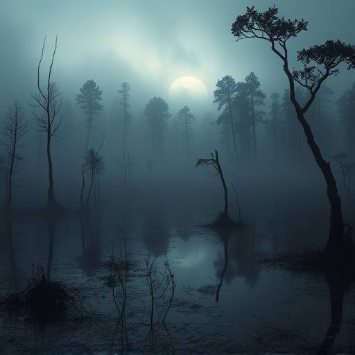Affiche de la série 'Le Chant des Marais', montrant un paysage de marais brumeux avec une silhouette mystérieuse.
