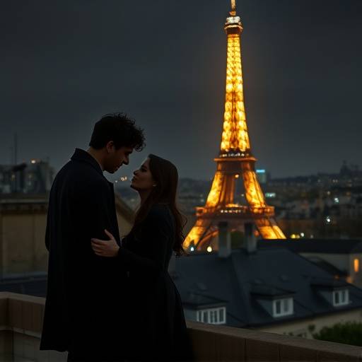 Image de la série 'Étoiles Filantes', représentant une scène émotionnelle entre deux personnages sur un toit parisien, avec la Tour Eiffel illuminée en arrière-plan.