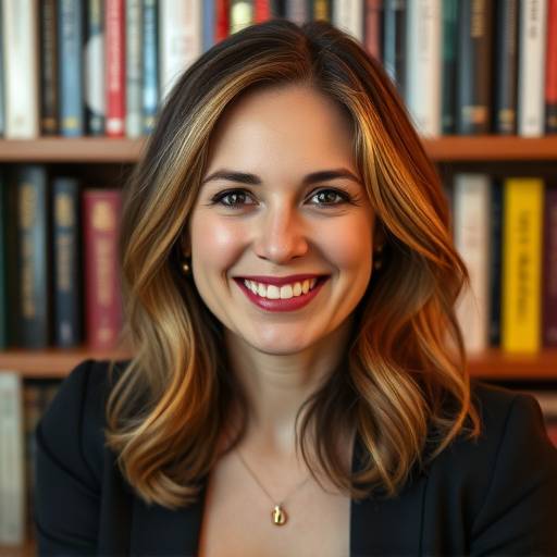 Portrait d'Isabelle Dubois, critique de télévision, souriant devant une bibliothèque.
