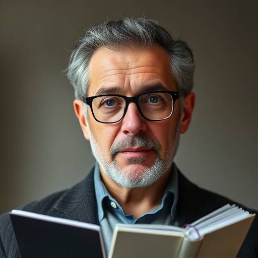 Portrait de Jean-Pierre Leclercq, critique de télévision, portant des lunettes et tenant un carnet.