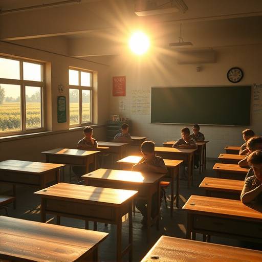 Scène de la série 'L'École Buissonnière', montrant des élèves dans une salle de classe rénovée avec une vue sur la campagne.